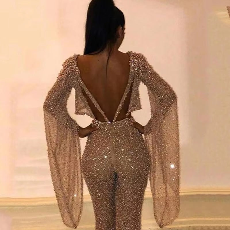Elegant Flare Sleeve O Neck Cut Out Waist Backless Shiny Sequin Jumpsuits Mssza