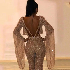 Elegant Flare Sleeve O Neck Cut Out Waist Backless Shiny Sequin Jumpsuits Mssza