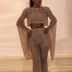 Elegant Flare Sleeve O Neck Cut Out Waist Backless Shiny Sequin Jumpsuits Mssza