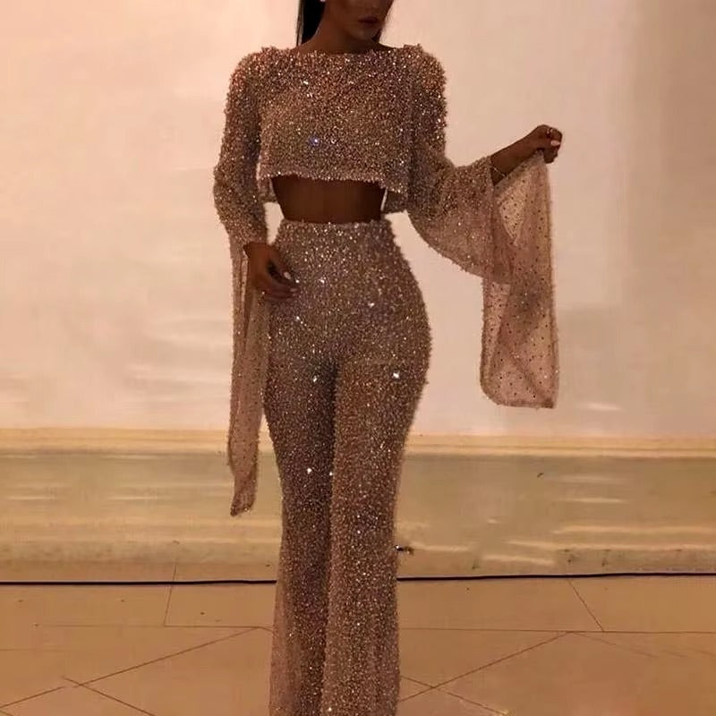 Elegant Flare Sleeve O Neck Cut Out Waist Backless Shiny Sequin Jumpsuits Mssza