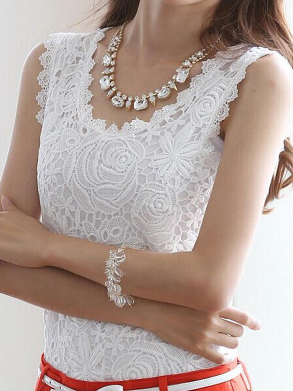 Elegant Floral Crochet Lace Sleeveless Tank Tops Mssza