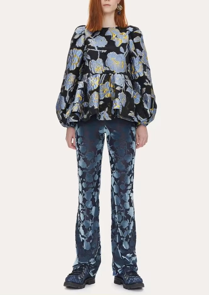 Elegant Floral Designers Metal Jacquard O Neck Ruches A-Line Oversized Peplum Blouse Mssza