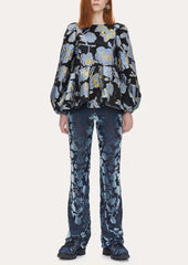 Elegant Floral Designers Metal Jacquard O Neck Ruches A-Line Oversized Peplum Blouse Mssza