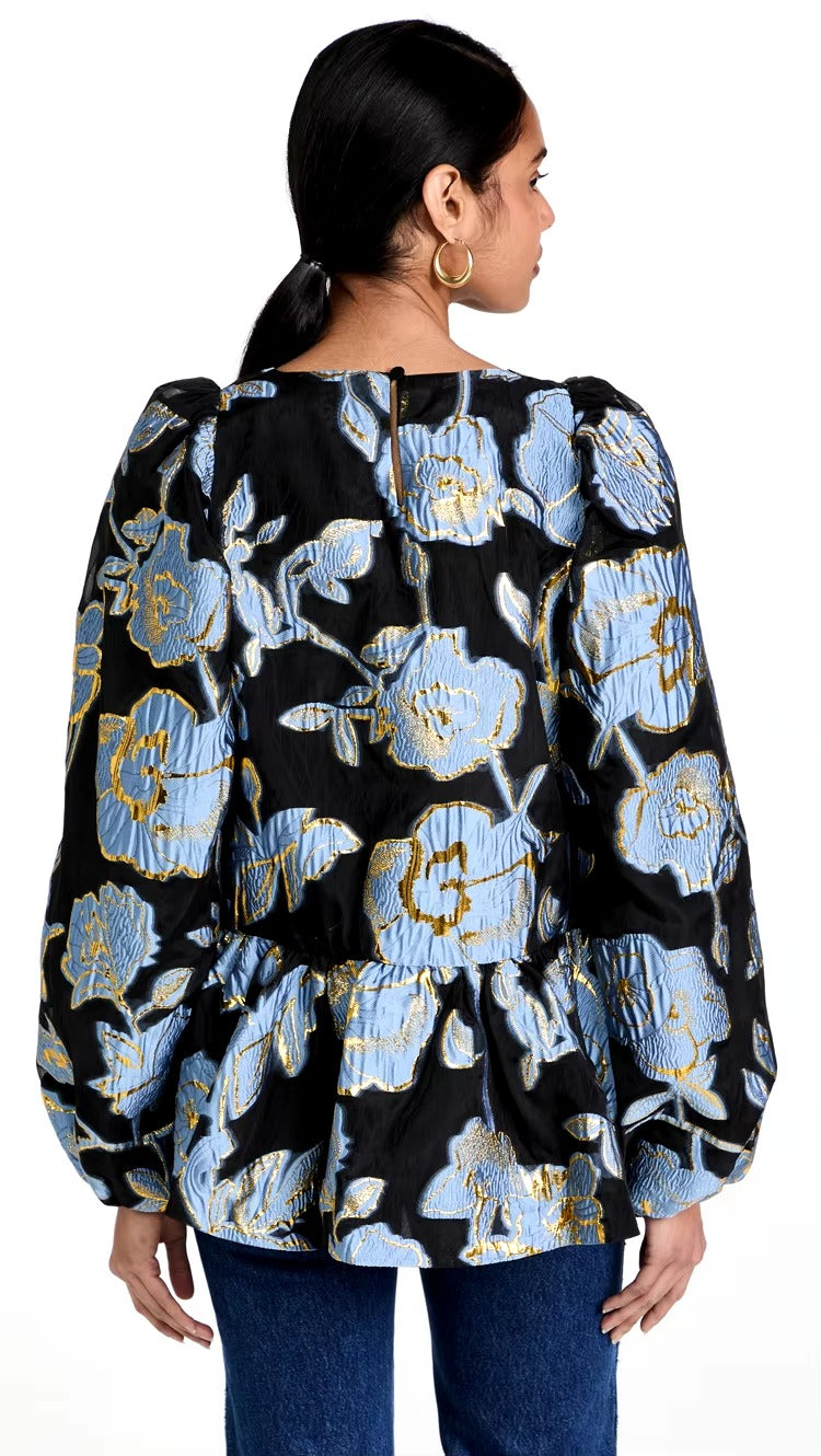 Elegant Floral Designers Metal Jacquard O Neck Ruches A-Line Oversized Peplum Blouse Mssza