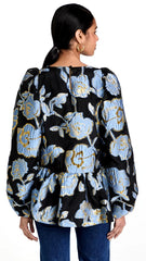Elegant Floral Designers Metal Jacquard O Neck Ruches A-Line Oversized Peplum Blouse Mssza