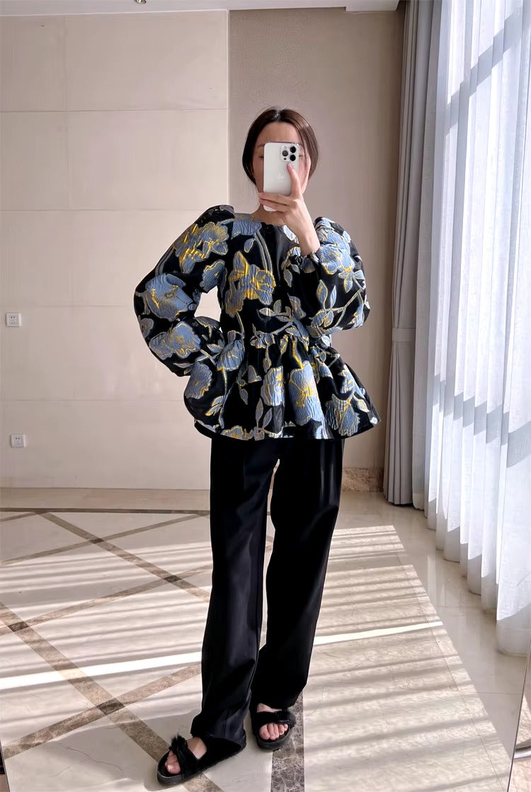 Elegant Floral Designers Metal Jacquard O Neck Ruches A-Line Oversized Peplum Blouse Mssza