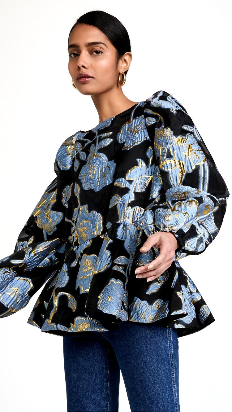 Elegant Floral Designers Metal Jacquard O Neck Ruches A-Line Oversized Peplum Blouse Mssza