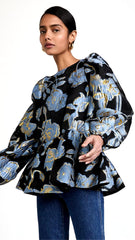 Elegant Floral Designers Metal Jacquard O Neck Ruches A-Line Oversized Peplum Blouse Mssza
