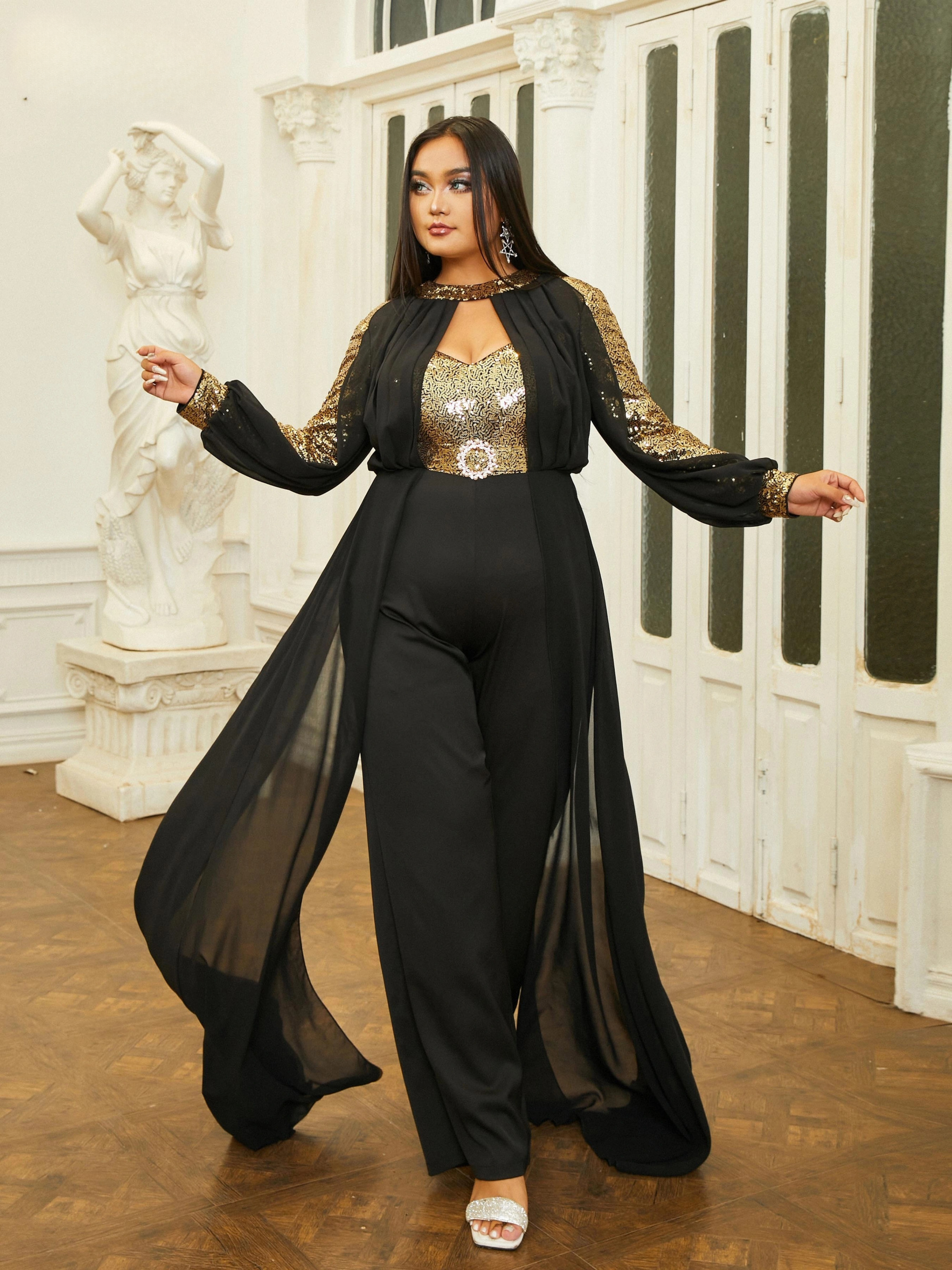 Elegant Round Neck Long Sleeved Sequin Plus Size Jumpsuit Mssza