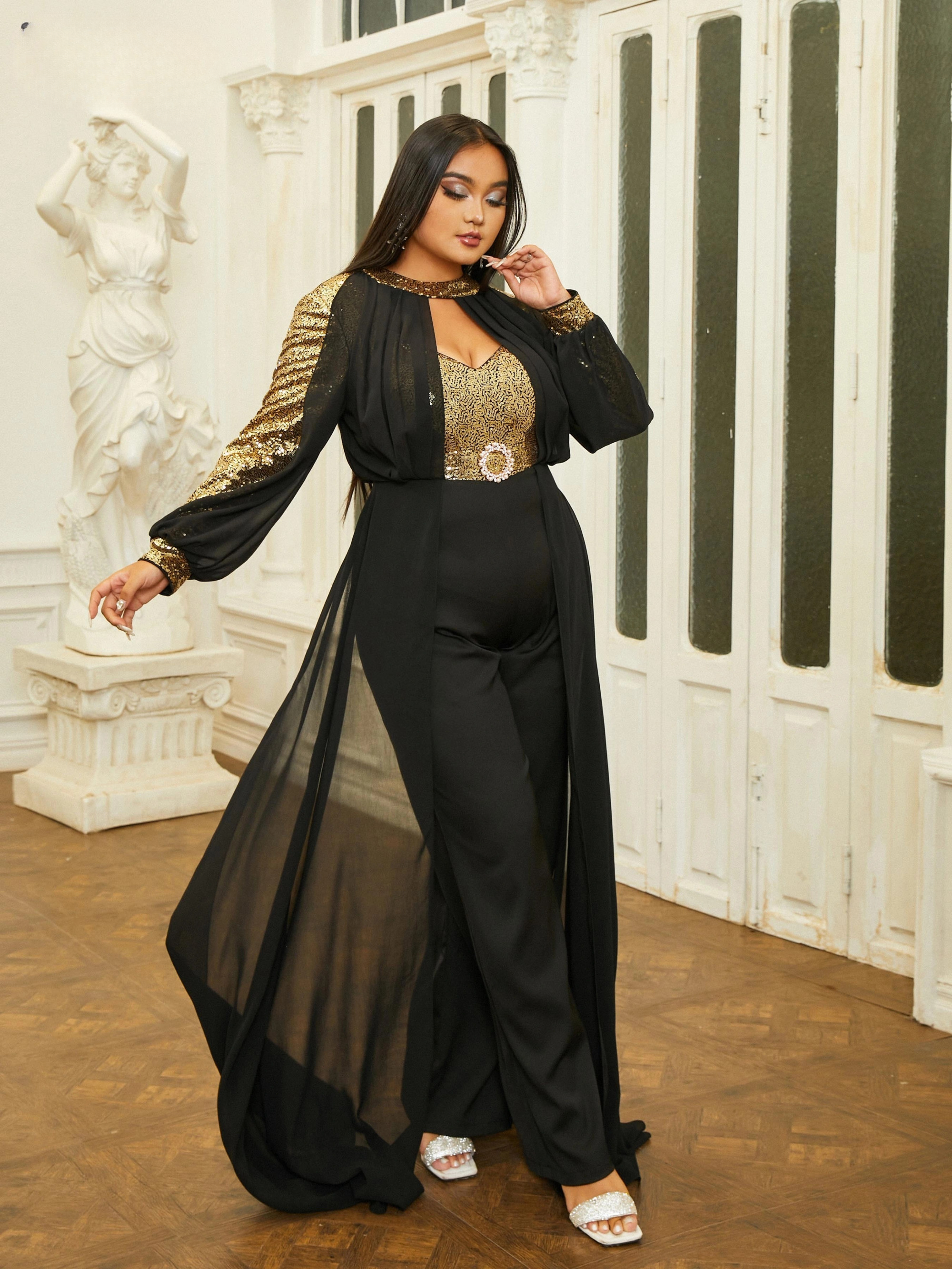Elegant Round Neck Long Sleeved Sequin Plus Size Jumpsuit Mssza