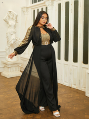 Elegant Round Neck Long Sleeved Sequin Plus Size Jumpsuit Mssza