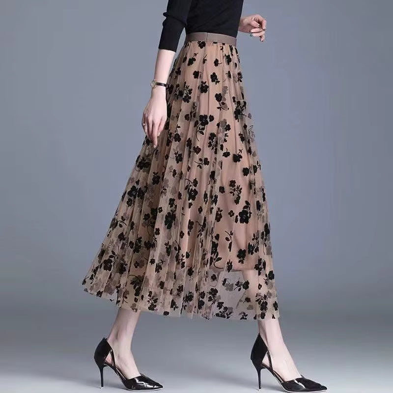 Elegant Floral Mesh Appliques Tulle Hook Slight Stretch Loose Midi Skirt Mssza