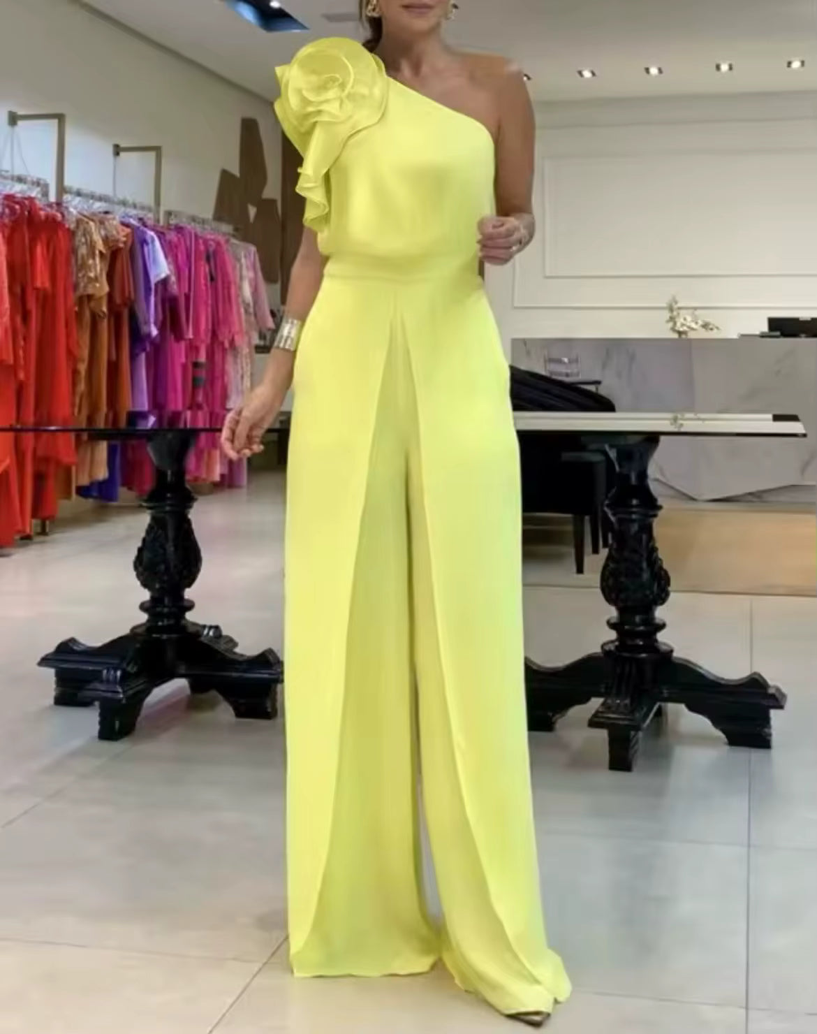 Elegant Floral Pattern One Shoulder Ruffles Jumpsuit Mssza
