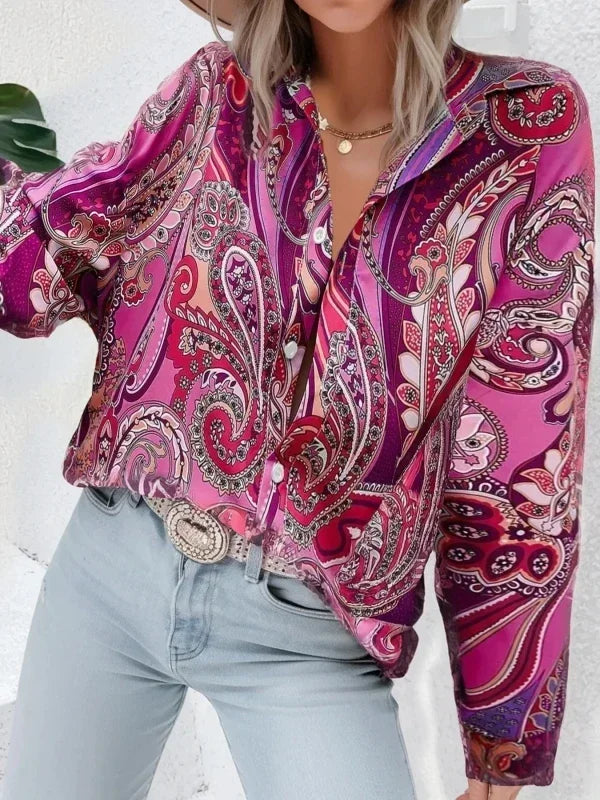 Elegant Floral Print Long Sleeve Button Front Boho Shirt Blouse Mssza