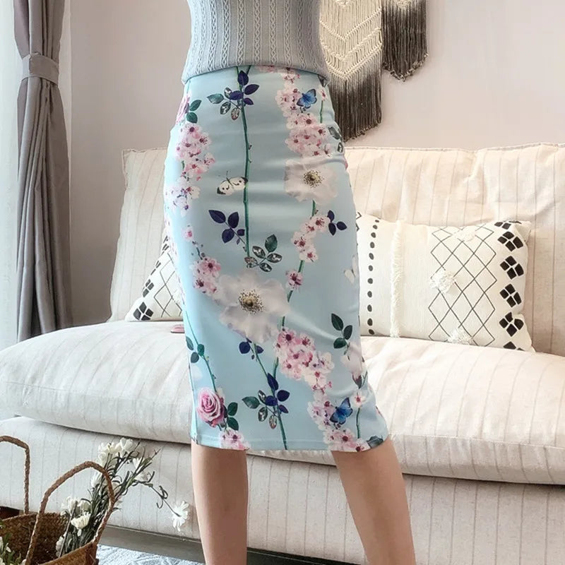 Elegant Floral Print Pencil Long Skirt Office Skirts High Waist Slim Bodycon Skirt Mssza