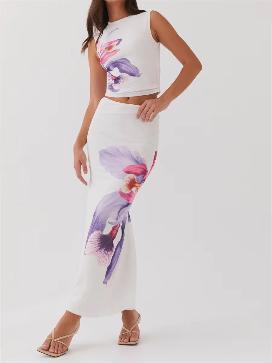 Elegant Floral Print Sleeveless Round Neck Crop Tops Long Skirts Party 2 Piece Set Mssza