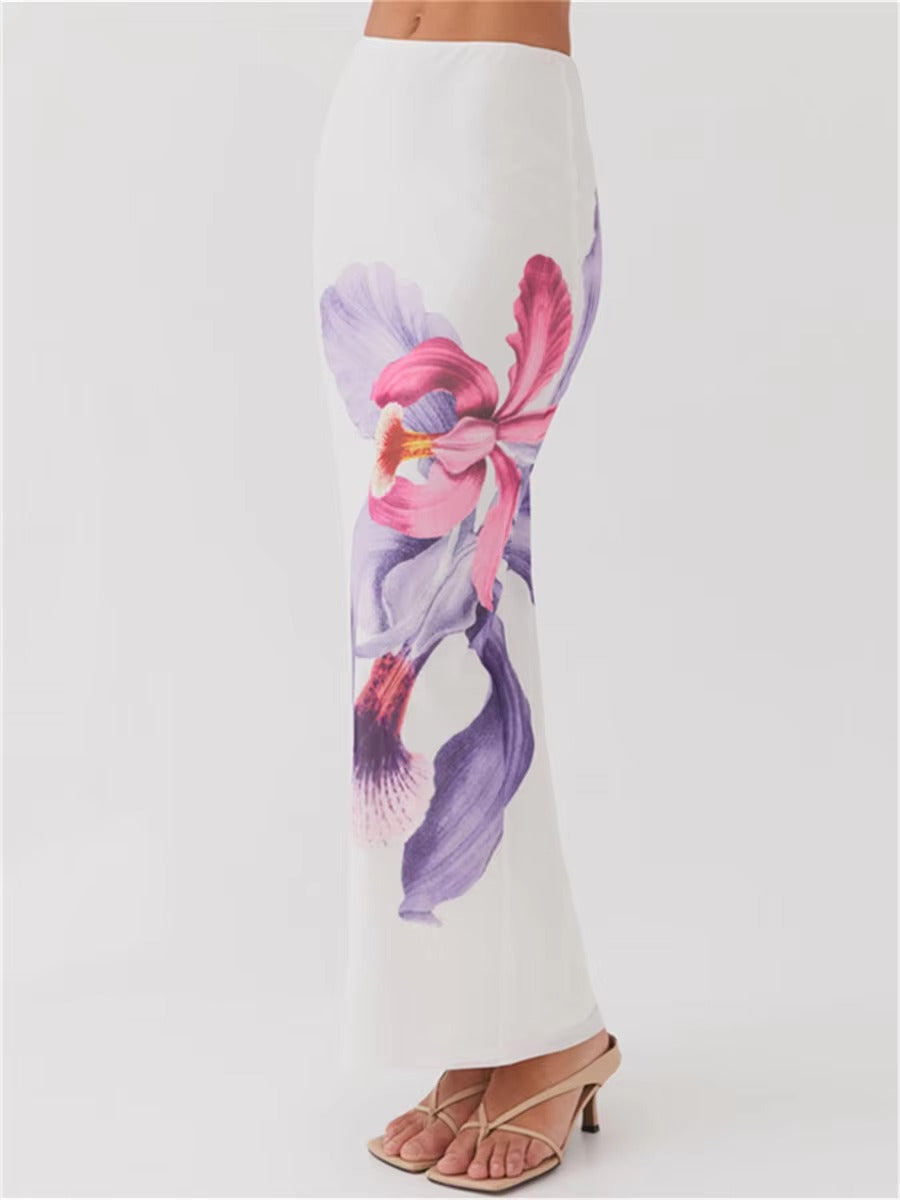 Elegant Floral Print Sleeveless Round Neck Crop Tops Long Skirts Party 2 Piece Set Mssza