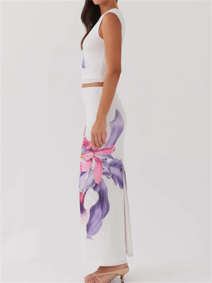 Elegant Floral Print Sleeveless Round Neck Crop Tops Long Skirts Party 2 Piece Set Mssza