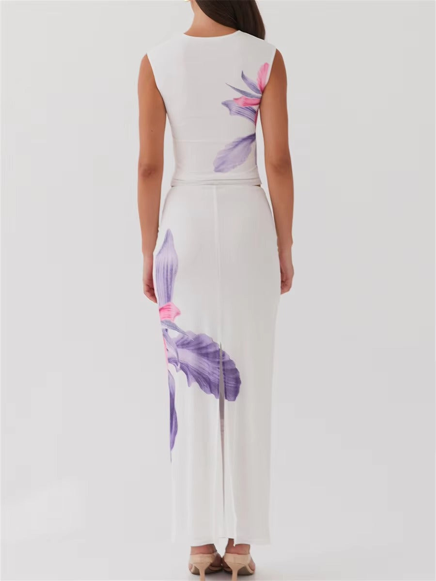 Elegant Floral Print Sleeveless Round Neck Crop Tops Long Skirts Party 2 Piece Set Mssza