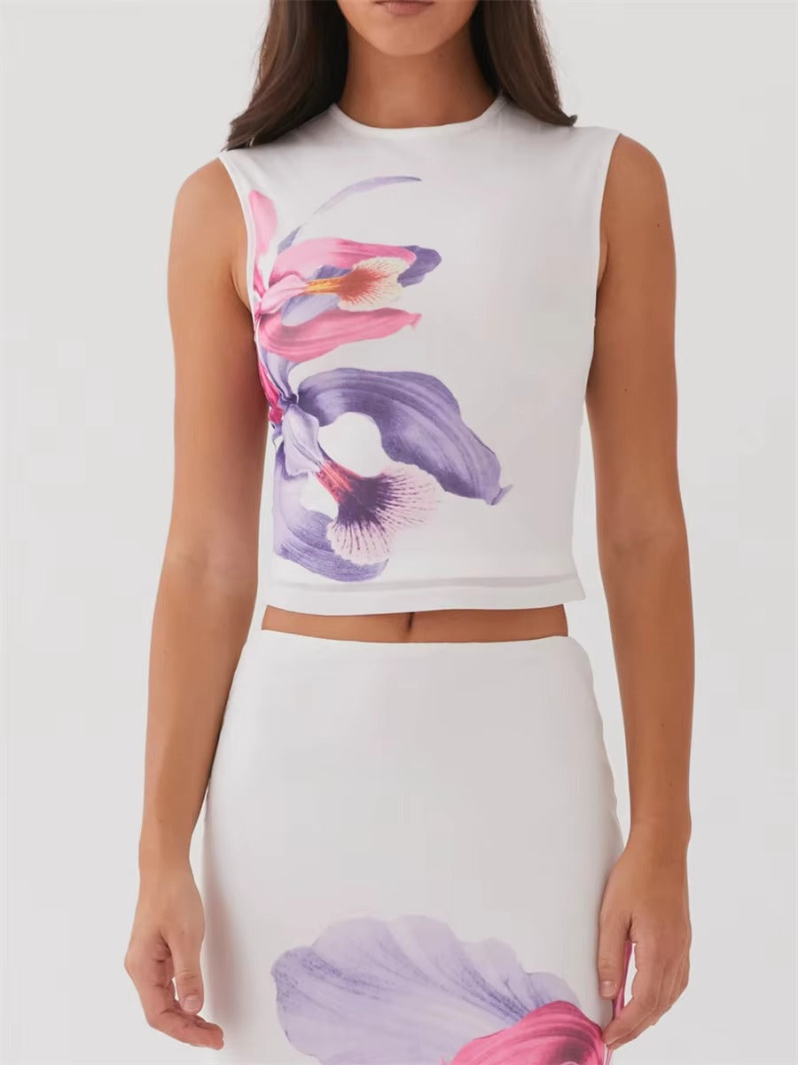 Elegant Floral Print Sleeveless Round Neck Crop Tops Long Skirts Party 2 Piece Set Mssza