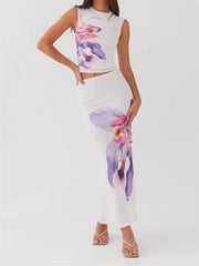 Elegant Floral Print Sleeveless Round Neck Crop Tops Long Skirts Party 2 Piece Set Mssza