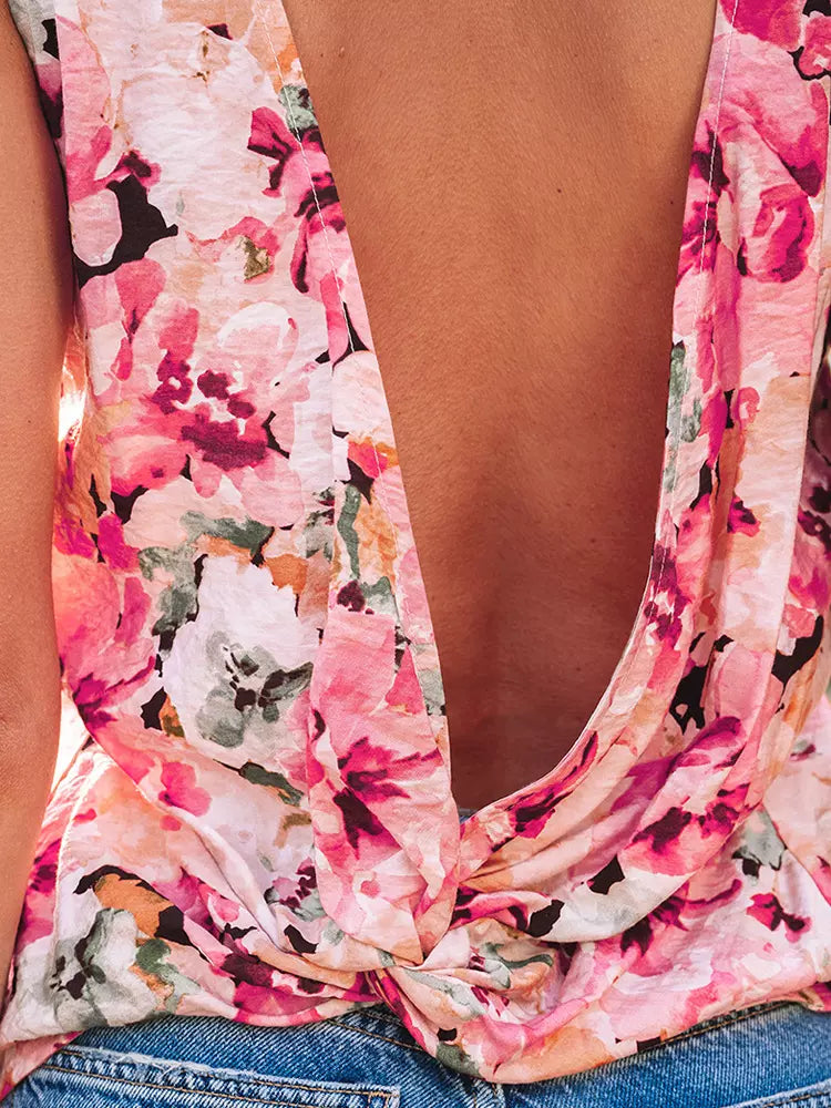 Elegant Floral Print U-neck Open Back Sleeveless Top Resort Wear Mssza