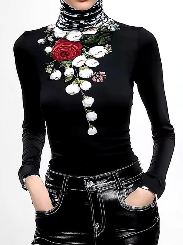 Elegant Floral Printed Long Sleeves High Neck Pullover Split-Joint Casual T-shirts Mssza