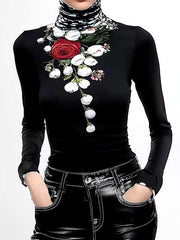 Elegant Floral Printed Long Sleeves High Neck Pullover Split-Joint Casual T-shirts Mssza