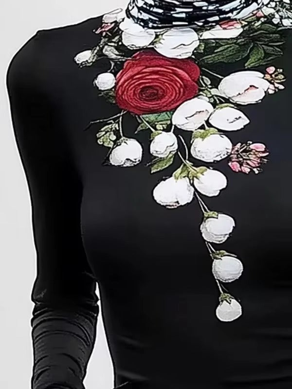 Elegant Floral Printed Long Sleeves High Neck Pullover Split-Joint Casual T-shirts Mssza