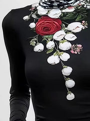 Elegant Floral Printed Long Sleeves High Neck Pullover Split-Joint Casual T-shirts Mssza