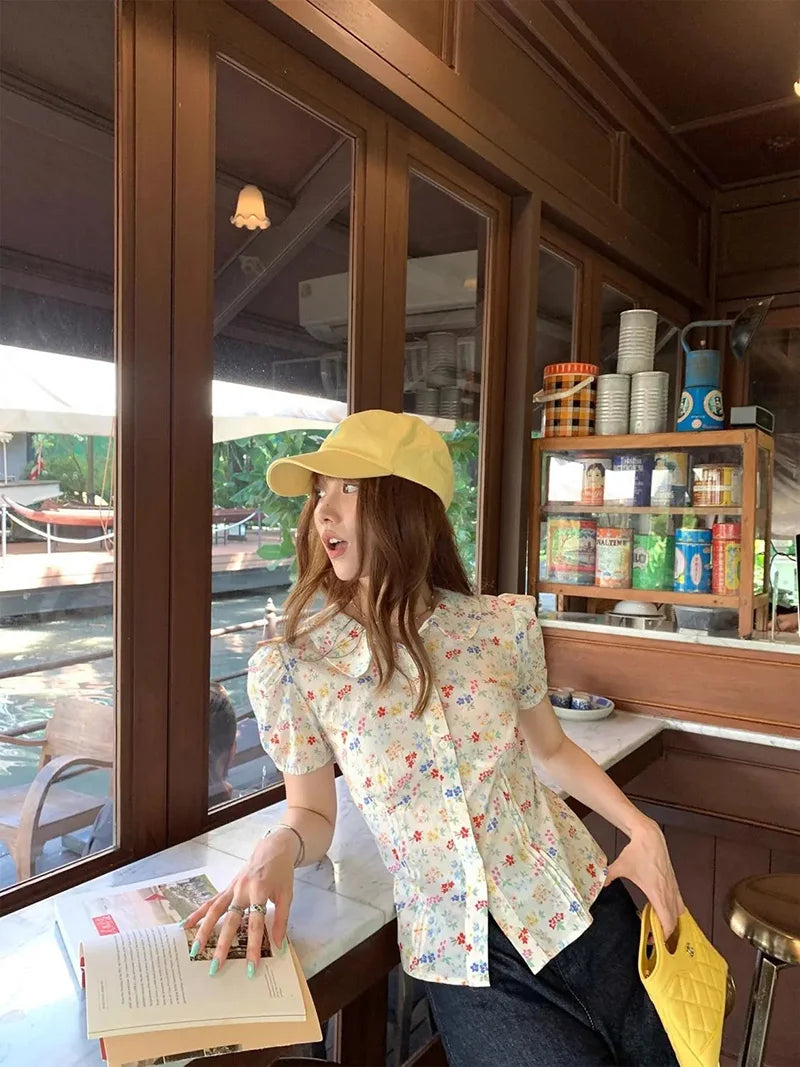Elegant Floral Sweet Casual Short Sleeve Slim Vintage Retro Tops Mssza