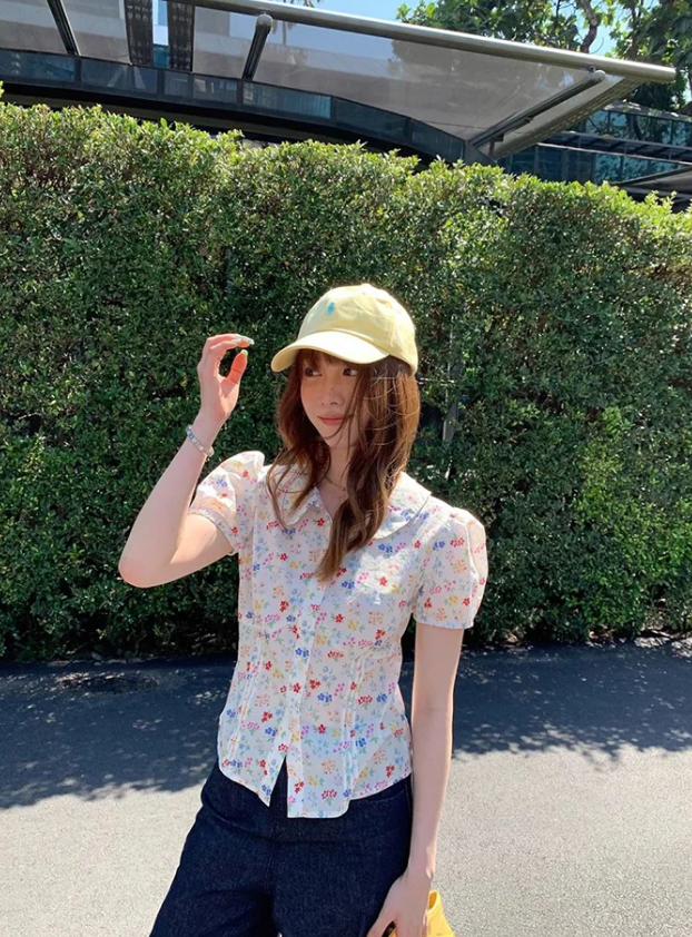 Elegant Floral Sweet Casual Short Sleeve Slim Vintage Retro Tops Mssza