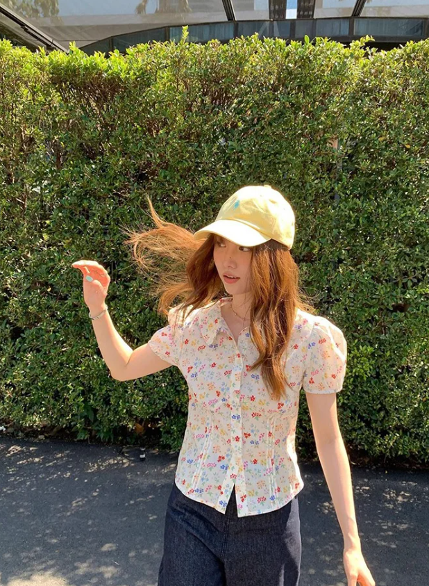 Elegant Floral Sweet Casual Short Sleeve Slim Vintage Retro Tops Mssza