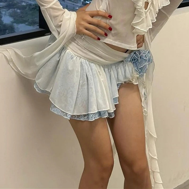 Elegant Floral Three-Dimensional Lace Asymmetrical Ruffle Slim Mini Skirt Mssza
