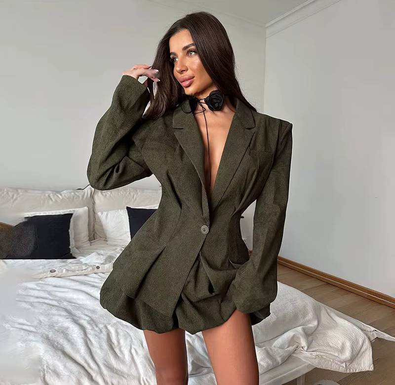 Elegant Flower Bud V-Long Sleeve Single Button Slim Blazer Mini Skirt 2 Piece Set Mssza