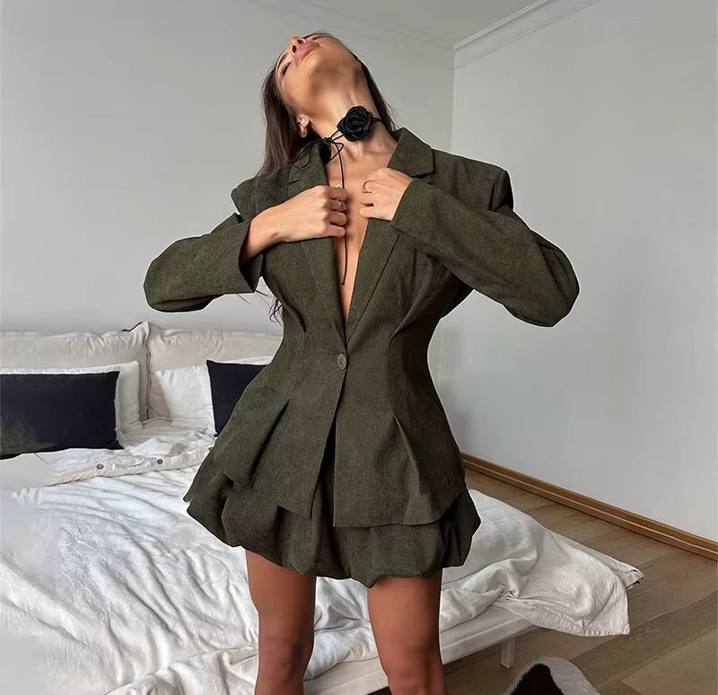 Elegant Flower Bud V-Long Sleeve Single Button Slim Blazer Mini Skirt 2 Piece Set Mssza
