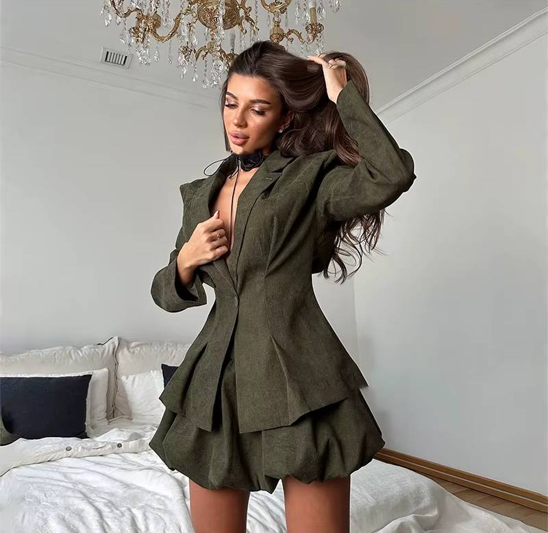 Elegant Flower Bud V-Long Sleeve Single Button Slim Blazer Mini Skirt 2 Piece Set Mssza