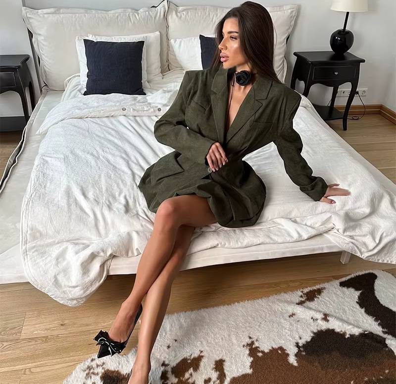 Elegant Flower Bud V-Long Sleeve Single Button Slim Blazer Mini Skirt 2 Piece Set Mssza