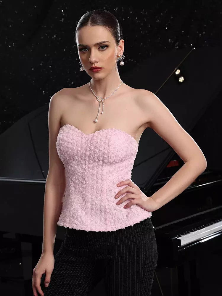 Elegant Flower Bustier Top With Flare Hem And Lace-up Back Mssza