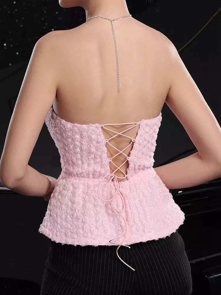 Elegant Flower Bustier Top With Flare Hem And Lace-up Back Mssza