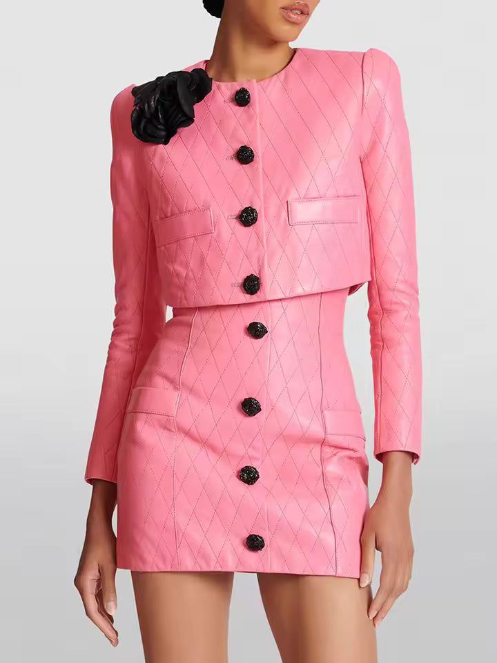Elegant Flower Decoration Leather Jacket With Mini Skirt 2 Pieces Set Mssza