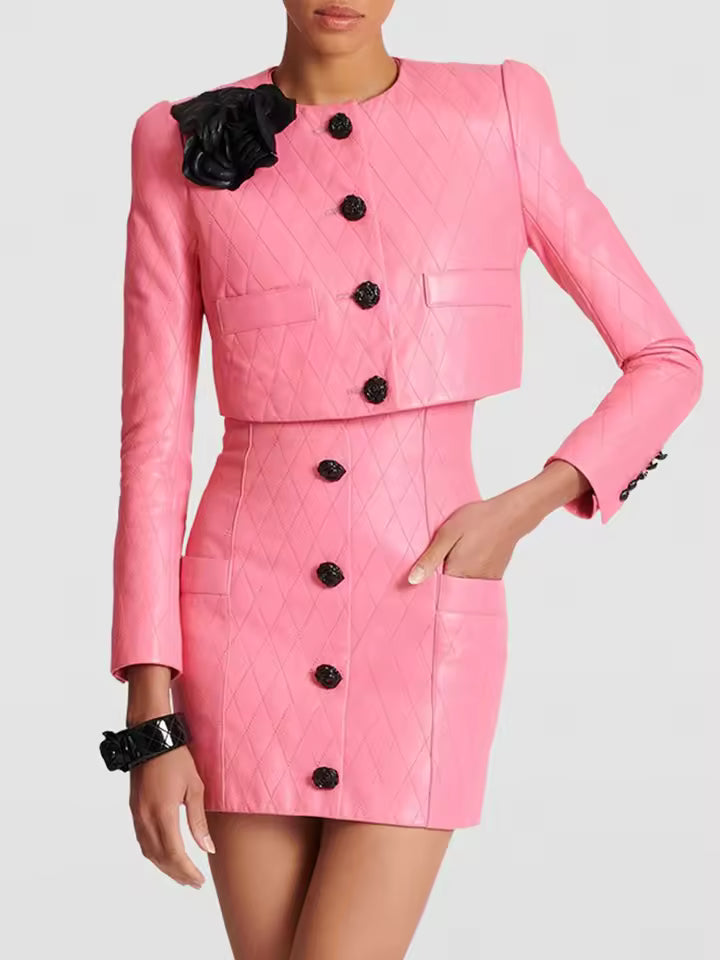 Elegant Flower Decoration Leather Jacket With Mini Skirt 2 Pieces Set Mssza