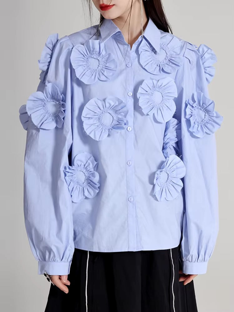 Elegant Flower Pleated Turn-down Collar Lapel Long Sleeve Blouse Shirt Mssza
