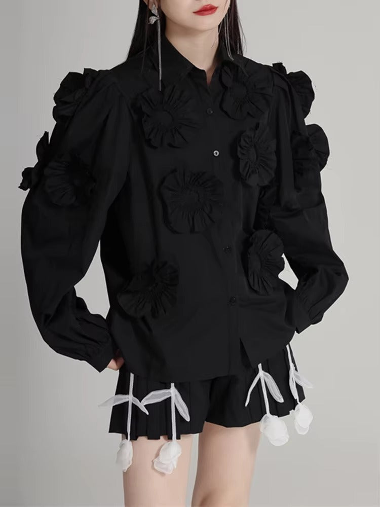 Elegant Flower Pleated Turn-down Collar Lapel Long Sleeve Blouse Shirt Mssza