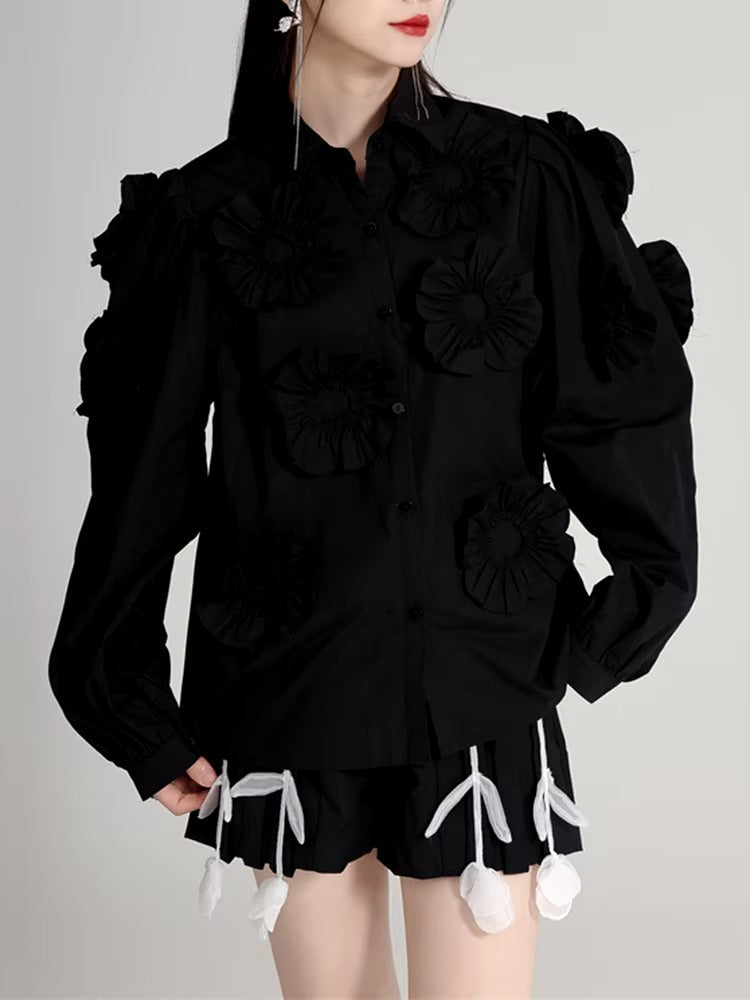Elegant Flower Pleated Turn-down Collar Lapel Long Sleeve Blouse Shirt Mssza