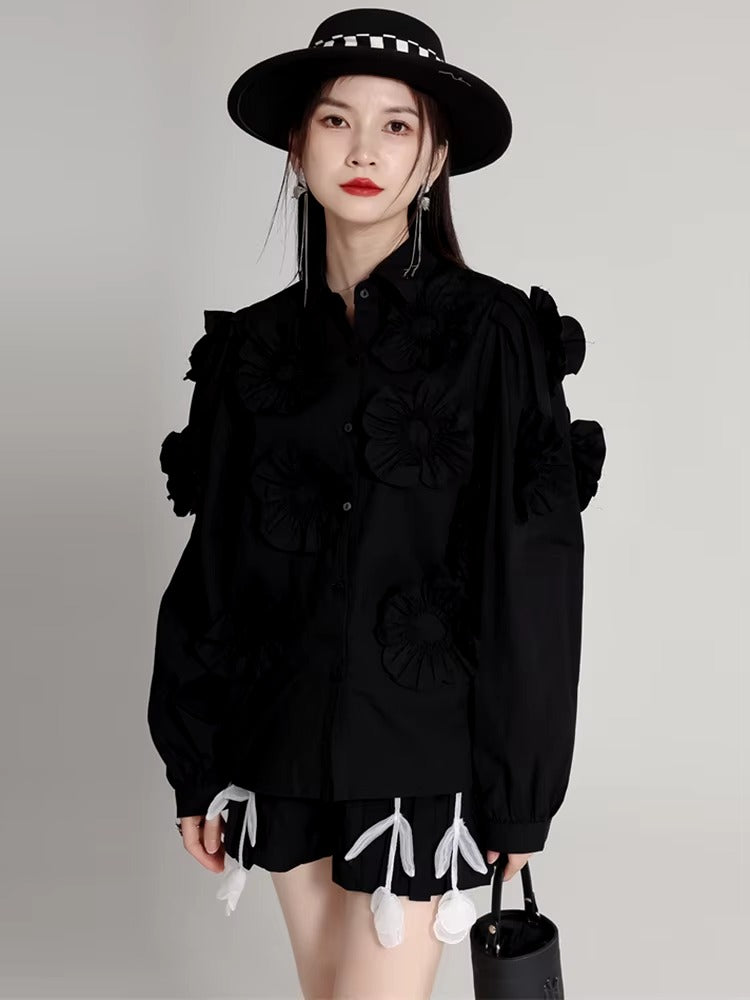 Elegant Flower Pleated Turn-down Collar Lapel Long Sleeve Blouse Shirt Mssza
