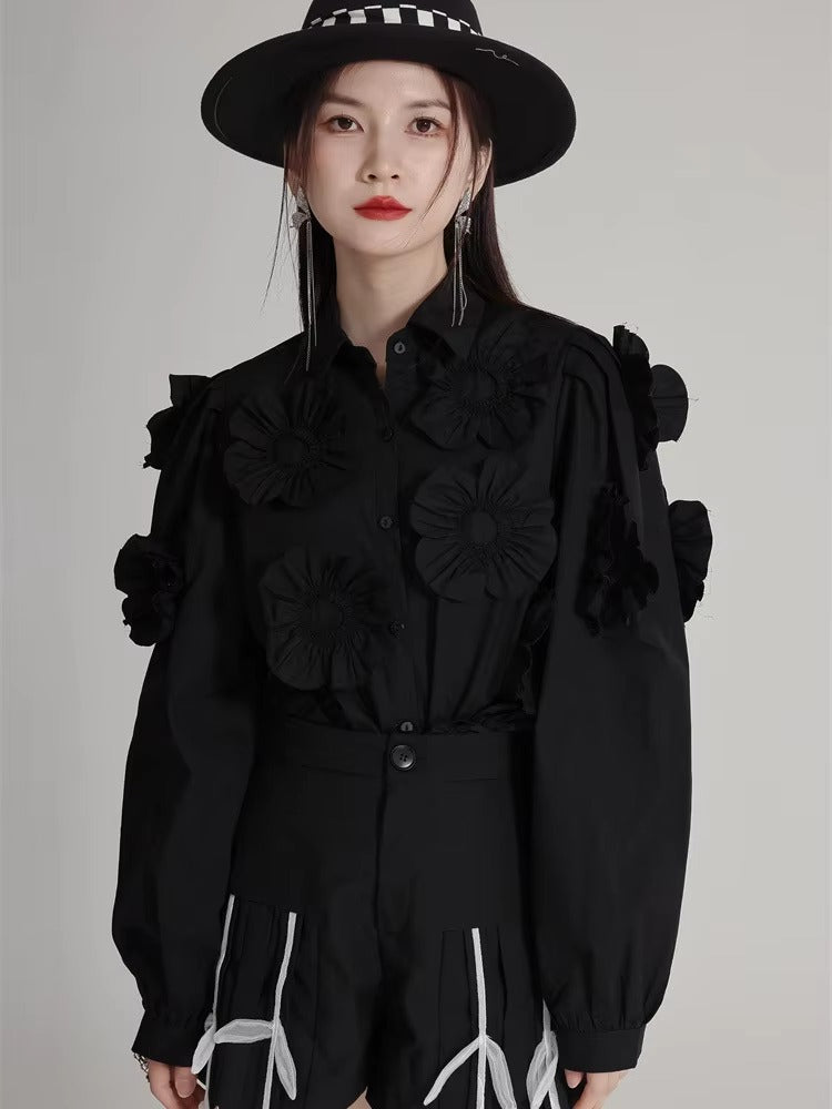 Elegant Flower Pleated Turn-down Collar Lapel Long Sleeve Blouse Shirt Mssza