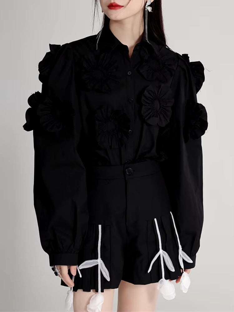 Elegant Flower Pleated Turn-down Collar Lapel Long Sleeve Blouse Shirt Mssza