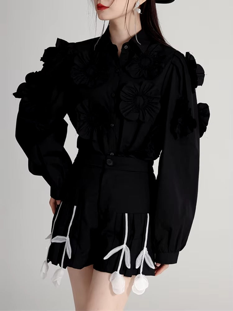 Elegant Flower Pleated Turn-down Collar Lapel Long Sleeve Blouse Shirt Mssza