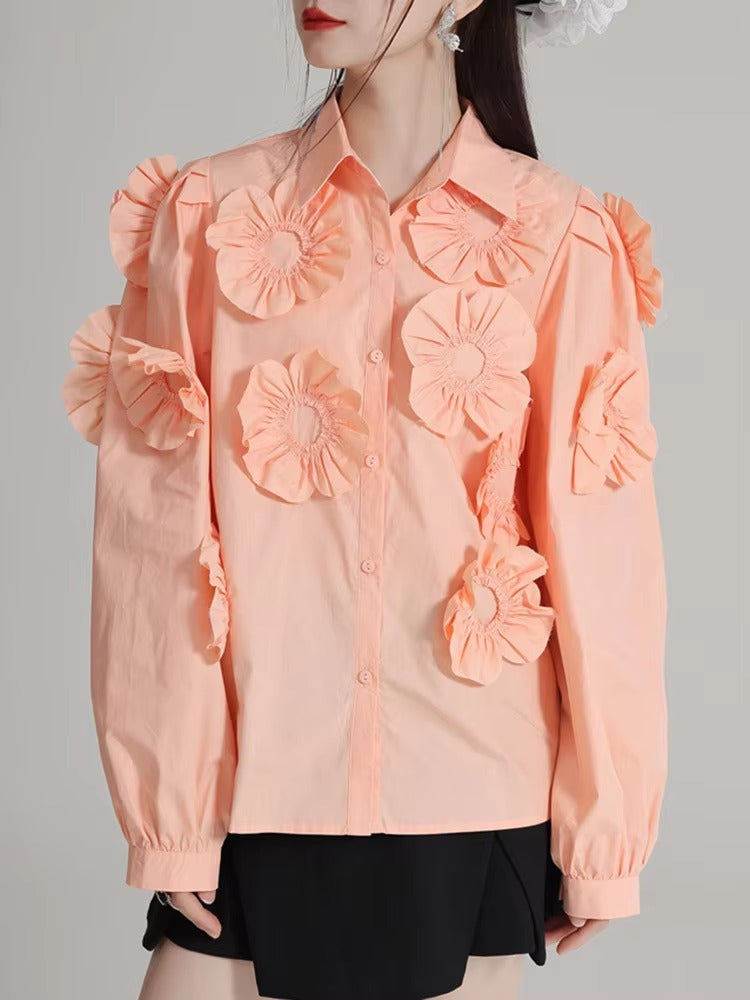 Elegant Flower Pleated Turn-down Collar Lapel Long Sleeve Blouse Shirt Mssza